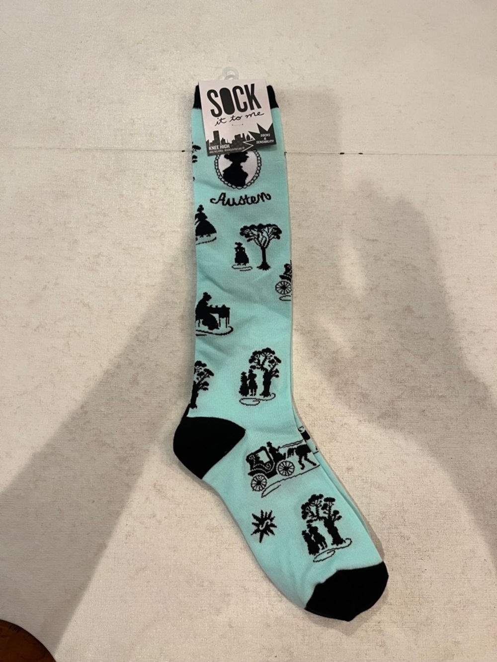 Knee high robins egg blue Jane Austen toile style socks. NEW!